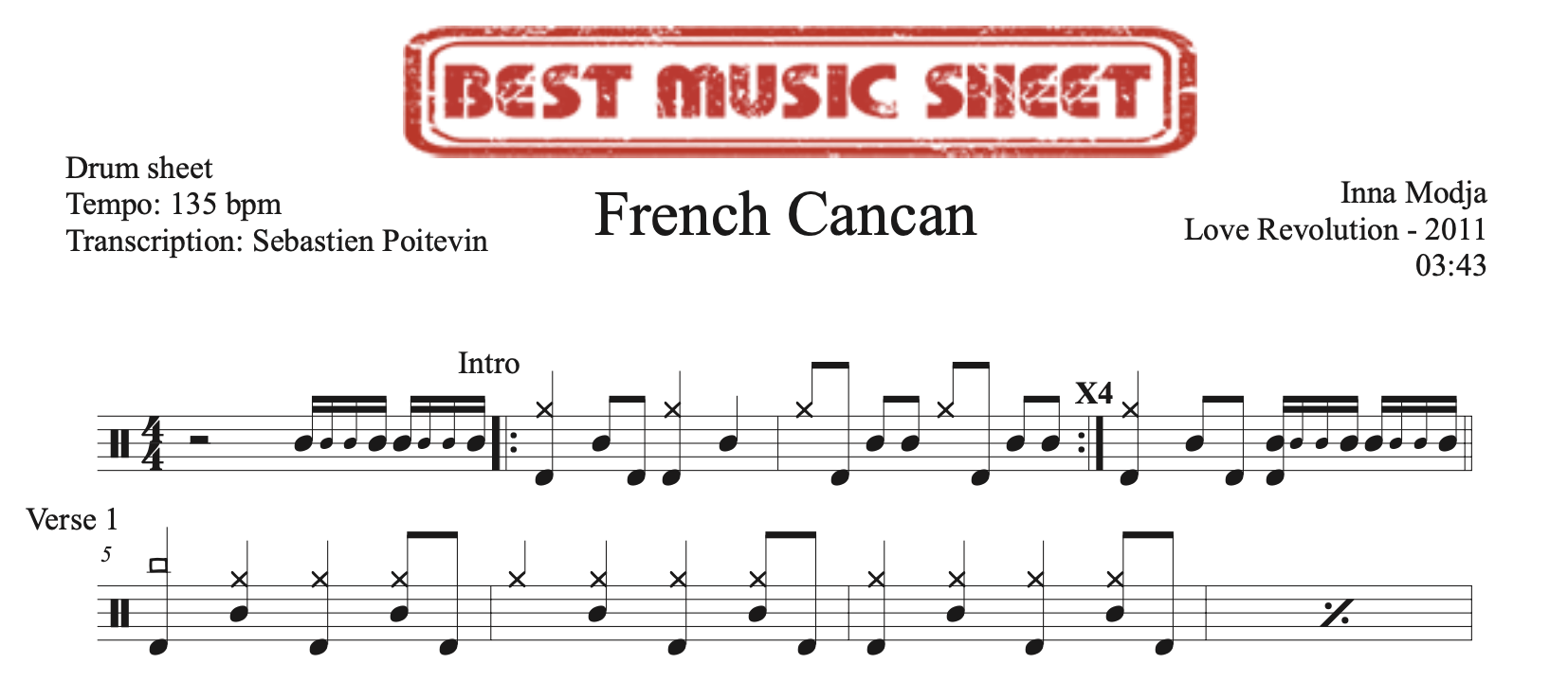 Sample drum sheet of French Cancan by Inna Modja