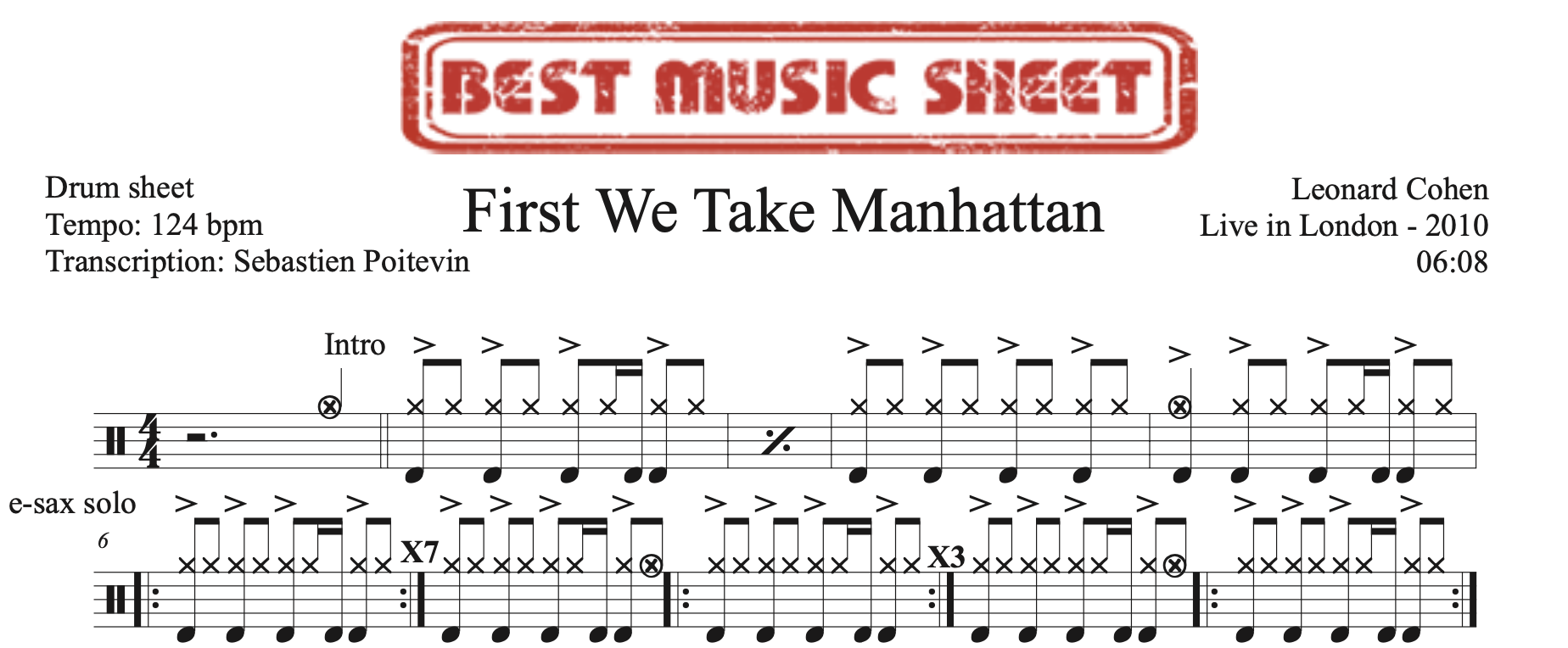 Sample drum sheet of First We Take Manhattan by Leonard Cohen