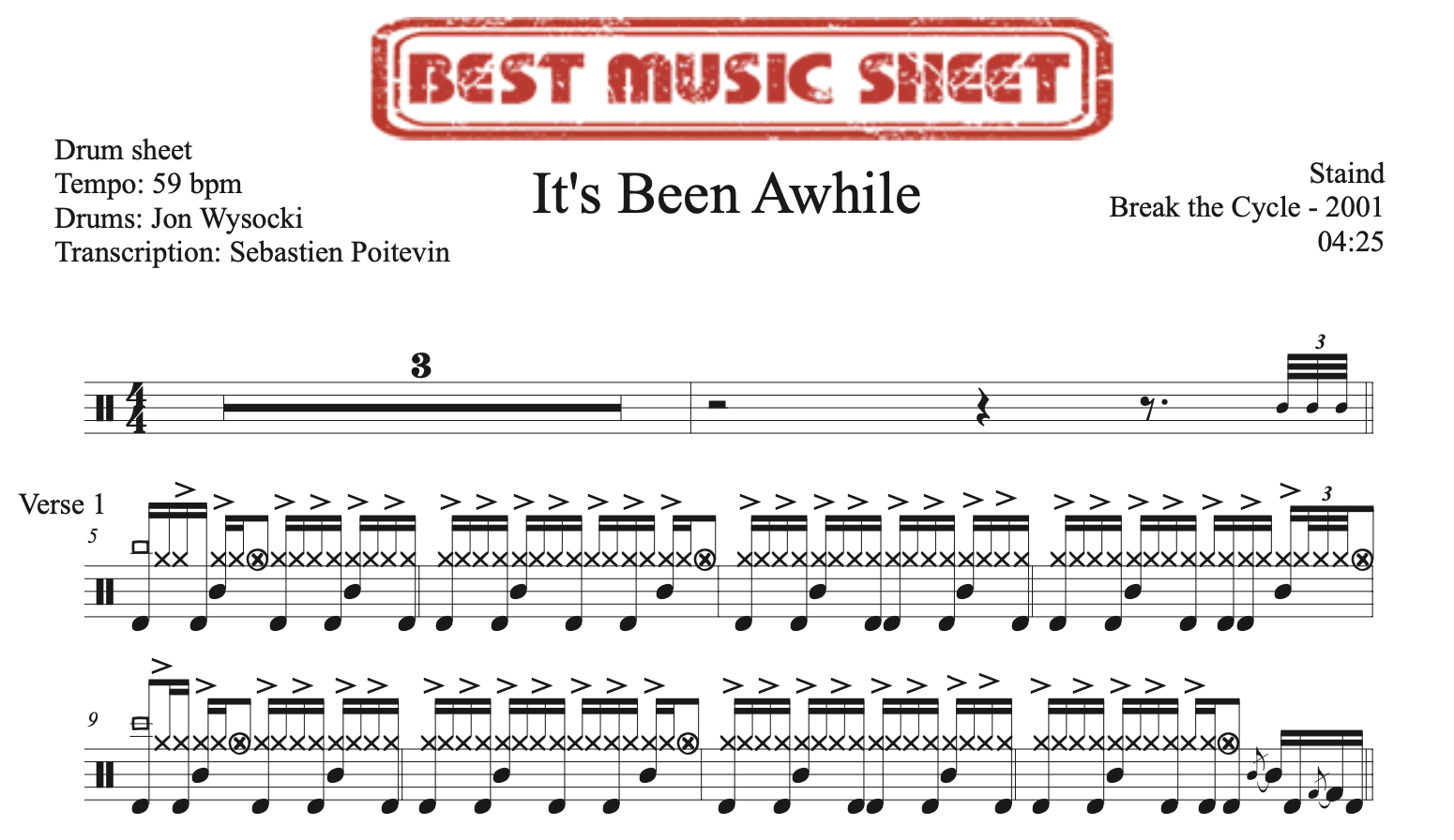 Sample drum sheet of It's Been Awhile by Staind