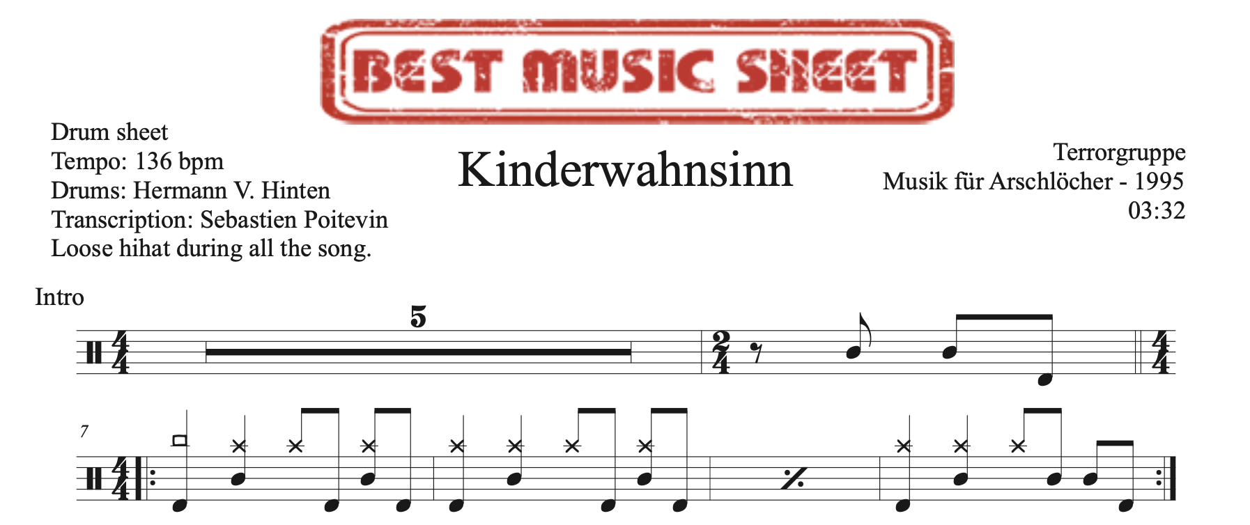 Sample drum sheet of Kinderwahnsinn by Terrorgruppe