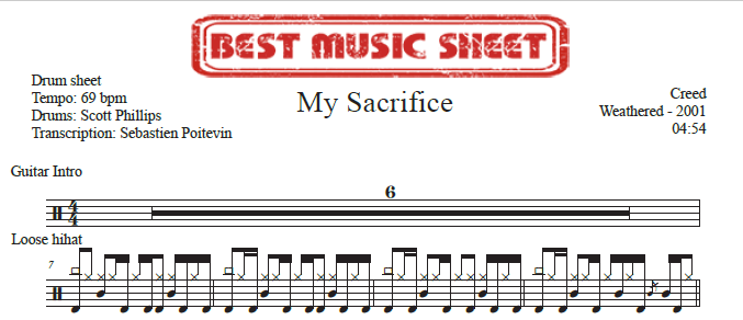 Sample drum sheet of My Sacrifice by Creed