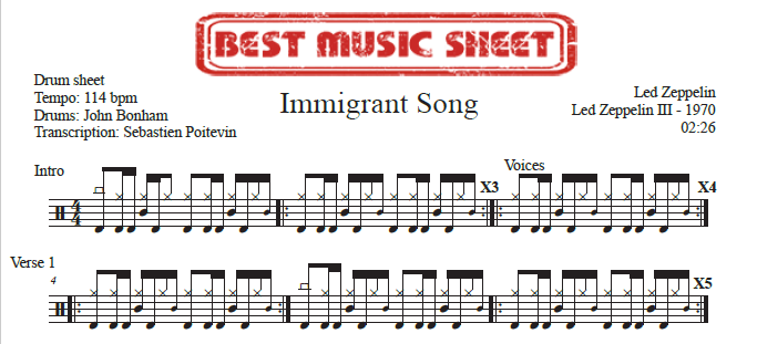 Sample drum sheet of Immigrant Song by Led Zeppelin