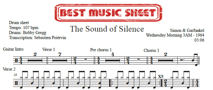 Sample drum sheet of The Sound of Silence by Simon & Garfunkel