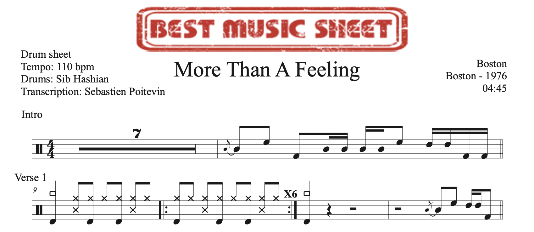 Sample drum sheet of More Than A Feeling by Boston