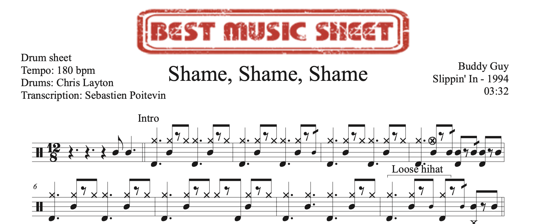 Sample drum sheet of Shame, Shame, Shame by Buddy Guy