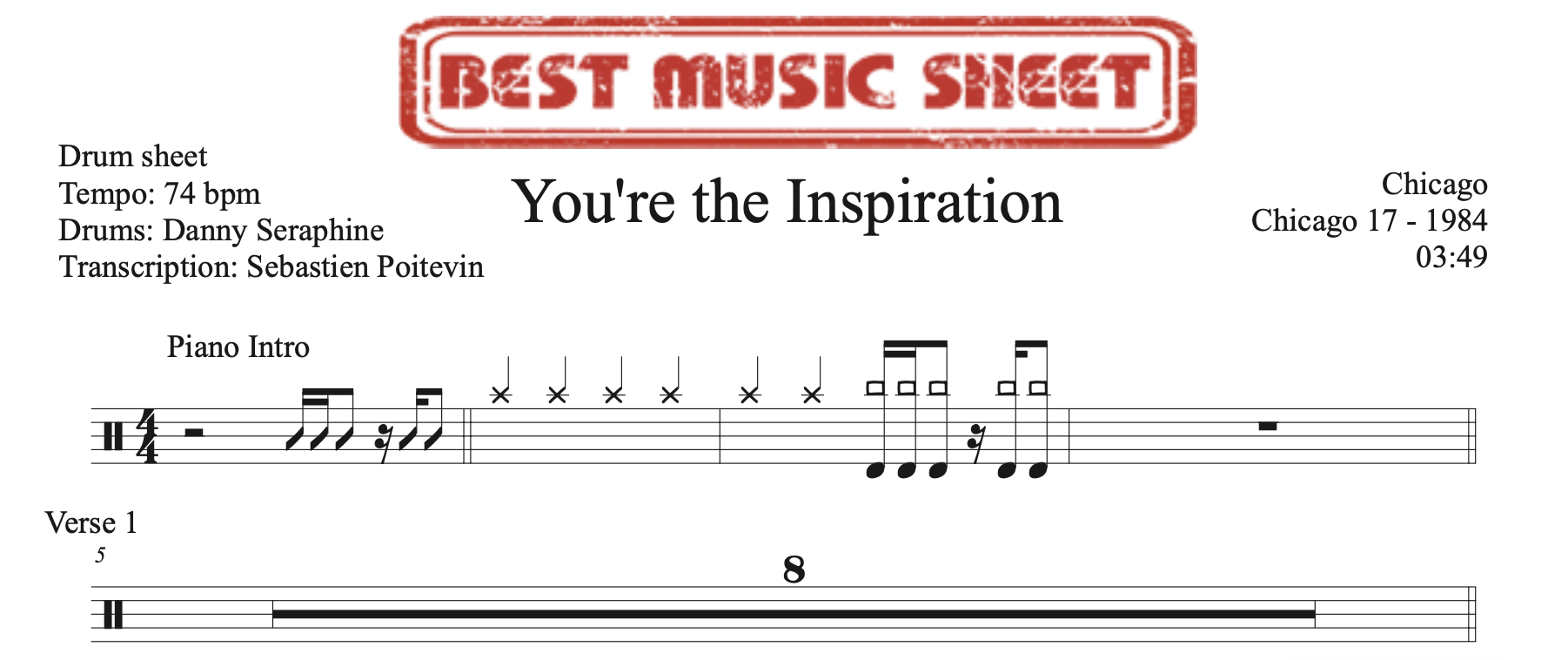 Sample drum sheet of You're the Inspiration by Chicago