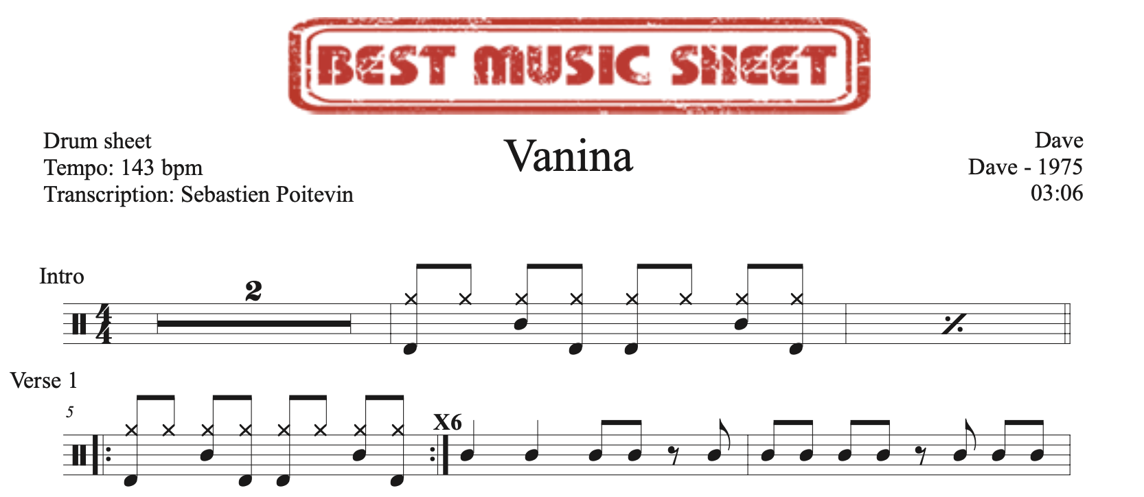 Sample drum sheet of Vanina by Dave