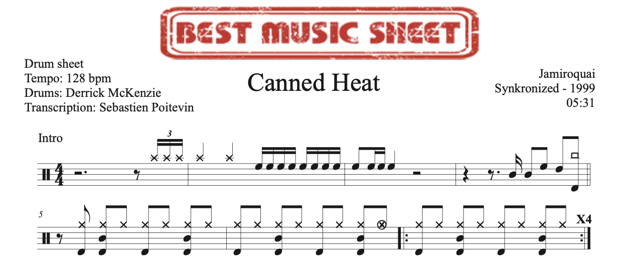 Sample drum sheet of Canned Heat by Jamiroquai