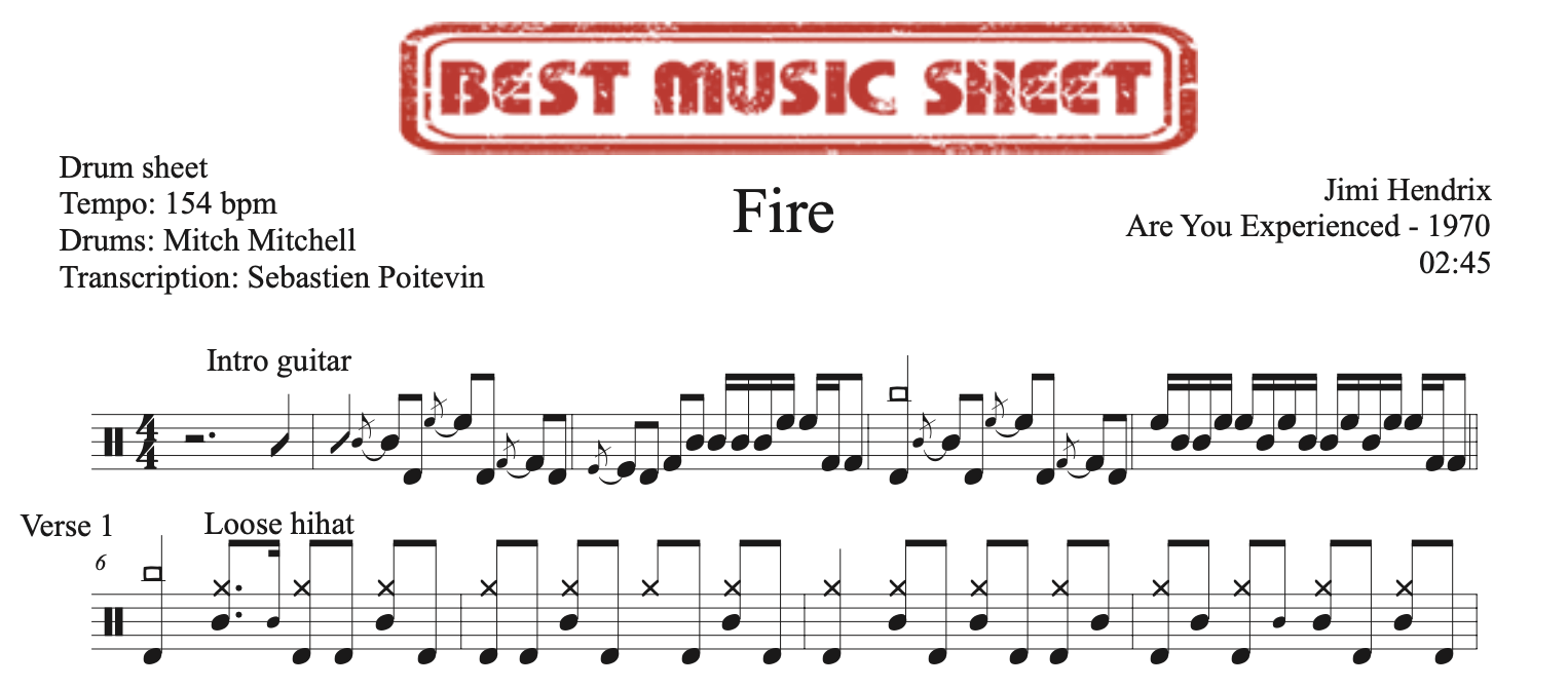 Sample drum sheet of Fire by Jimi Hendrix