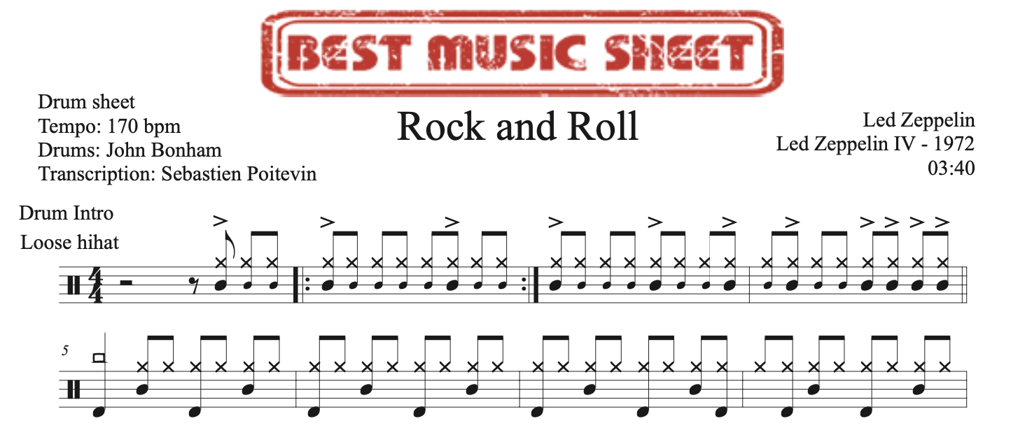 Sample drum sheet of Rock and Roll by Led Zeppelin