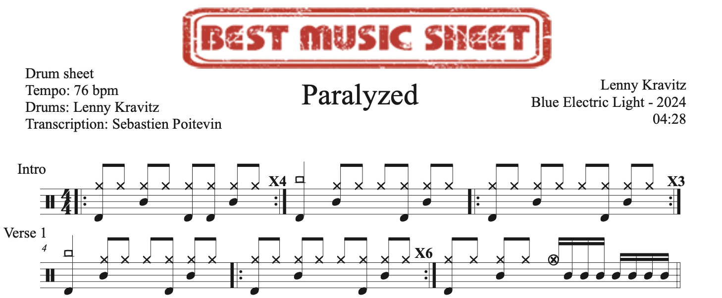 Sample drum sheet of Paralyzed by Lenny Kravitz