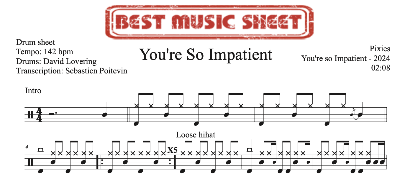 Sample drum sheet of You're So Impatient by Pixies