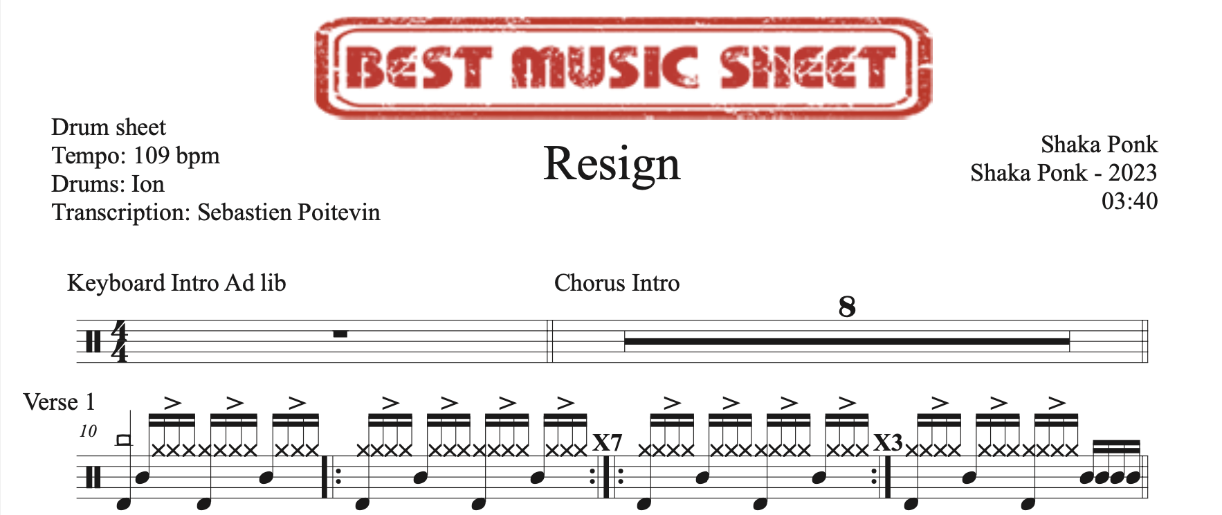 Sample drum sheet of Resign by Shaka Ponk