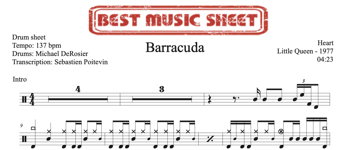 Sample drum sheet of Barracuda by Heart