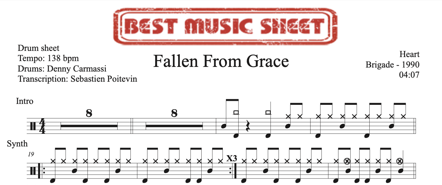 Sample drum sheet of Fallen From Grace by Heart