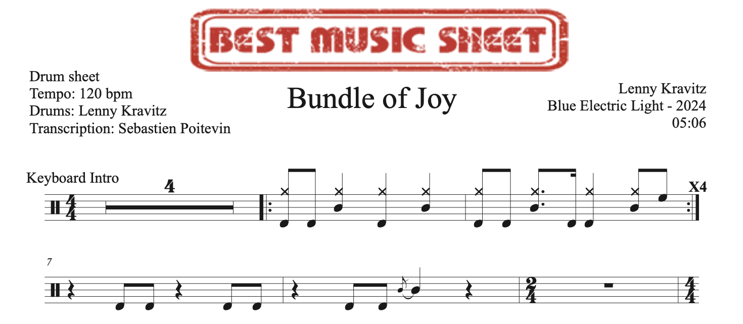 Sample drum sheet of Bundle of Joy by Lenny Kravitz