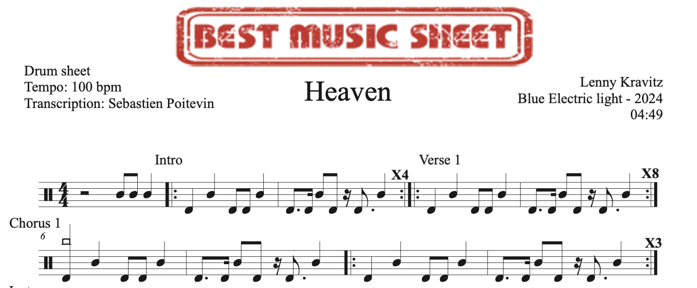 Sample drum sheet of Heaven by Lenny Kravitz