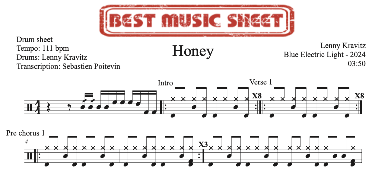 Sample drum sheet of Honey by Lenny Kravitz