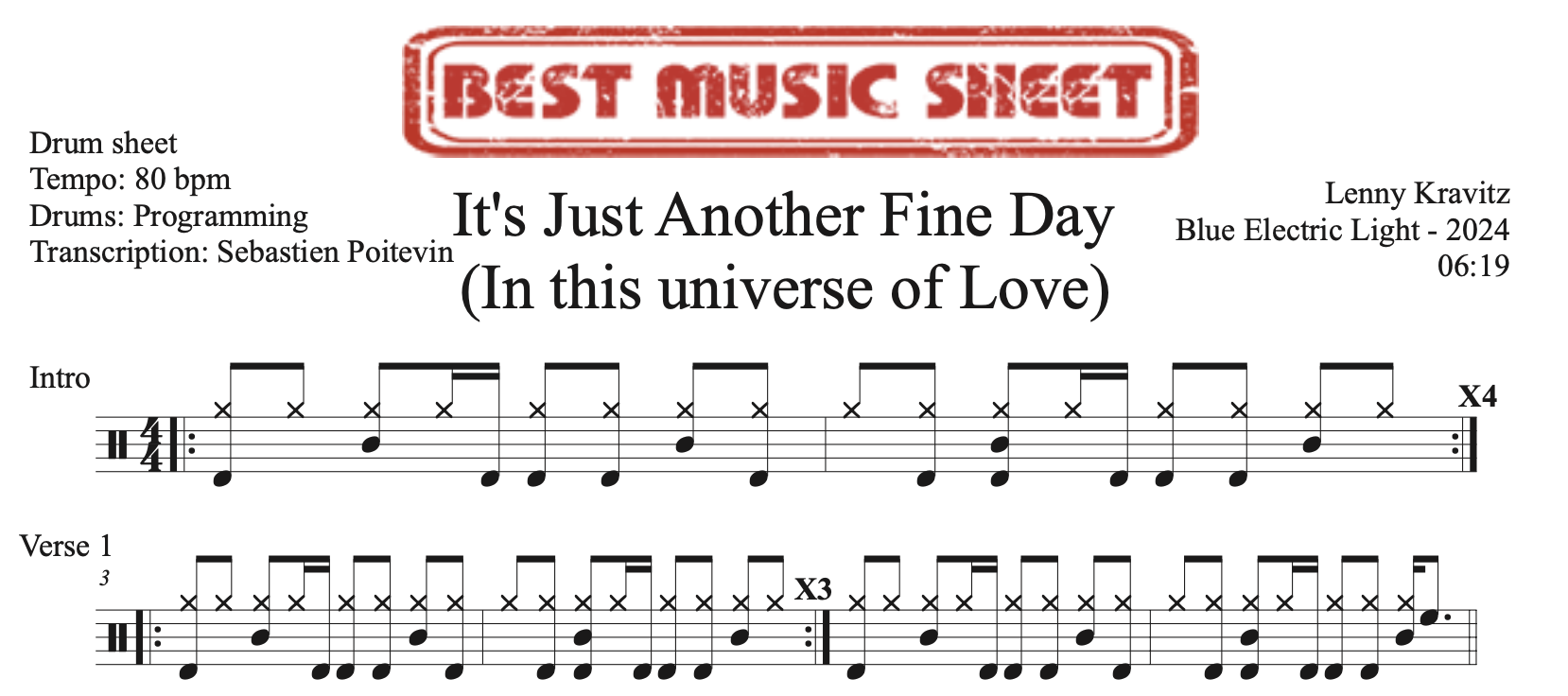 Sample drum sheet of It's Just Another Fine Day (In This Universe of Love) by Lenny Kravitz