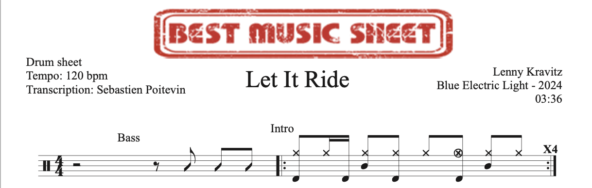 Sample drum sheet of Let It Ride by Lenny Kravitz