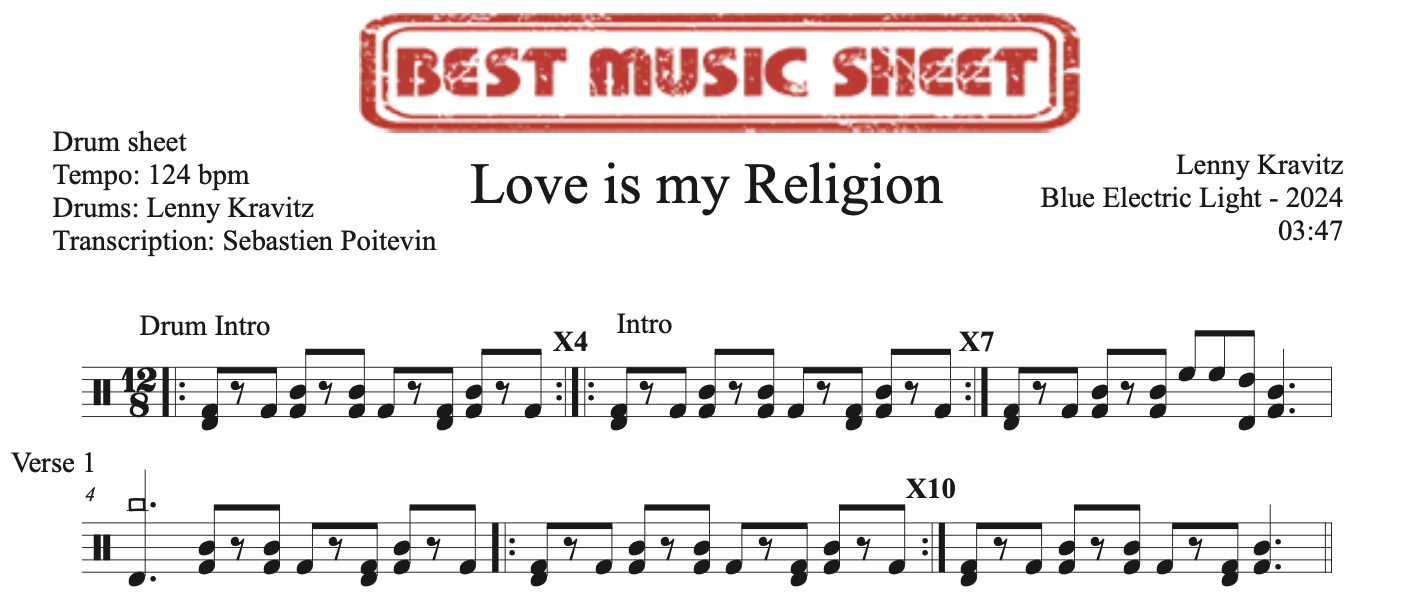 Sample drum sheet of Love is My Religion by Lenny Kravitz