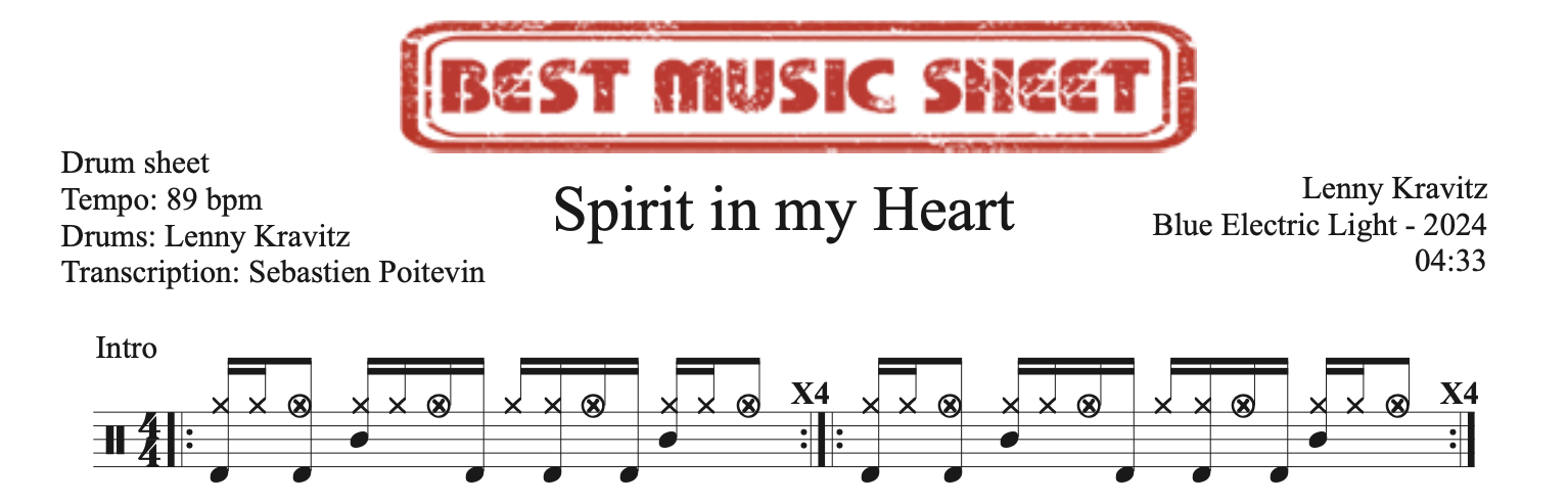 Sample drum sheet of Spirit in My Heart by Lenny Kravitz