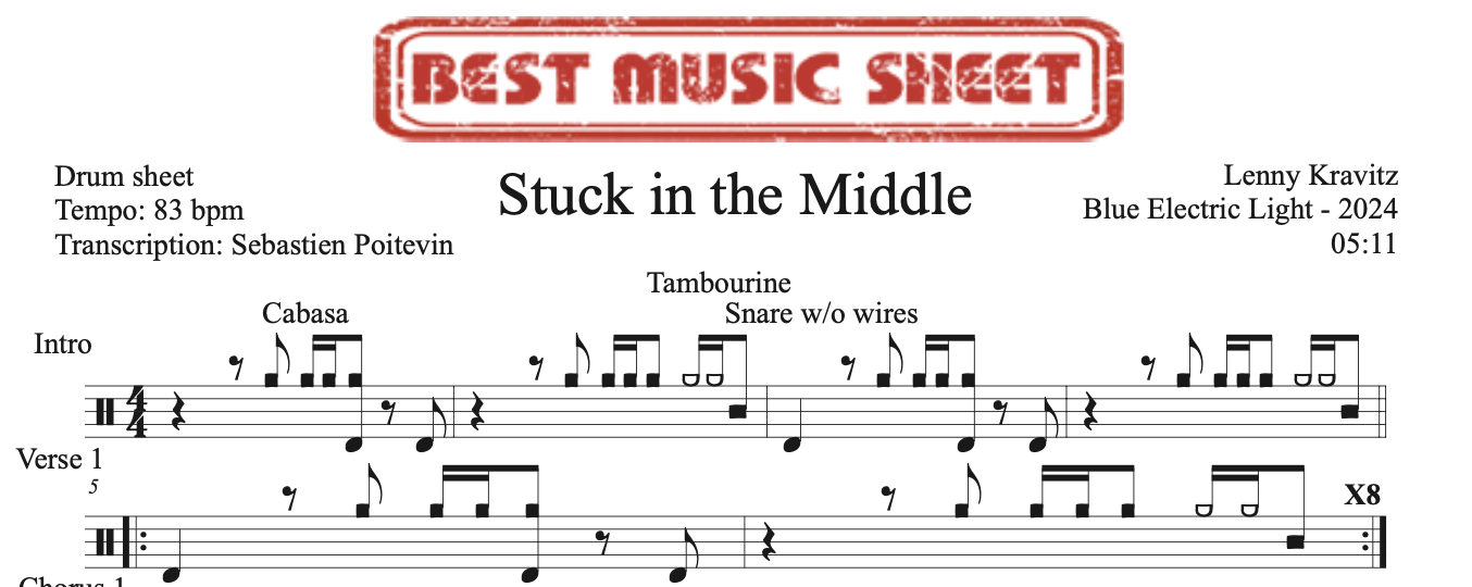 Sample drum sheet of Stuck in the Middle by Lenny Kravitz