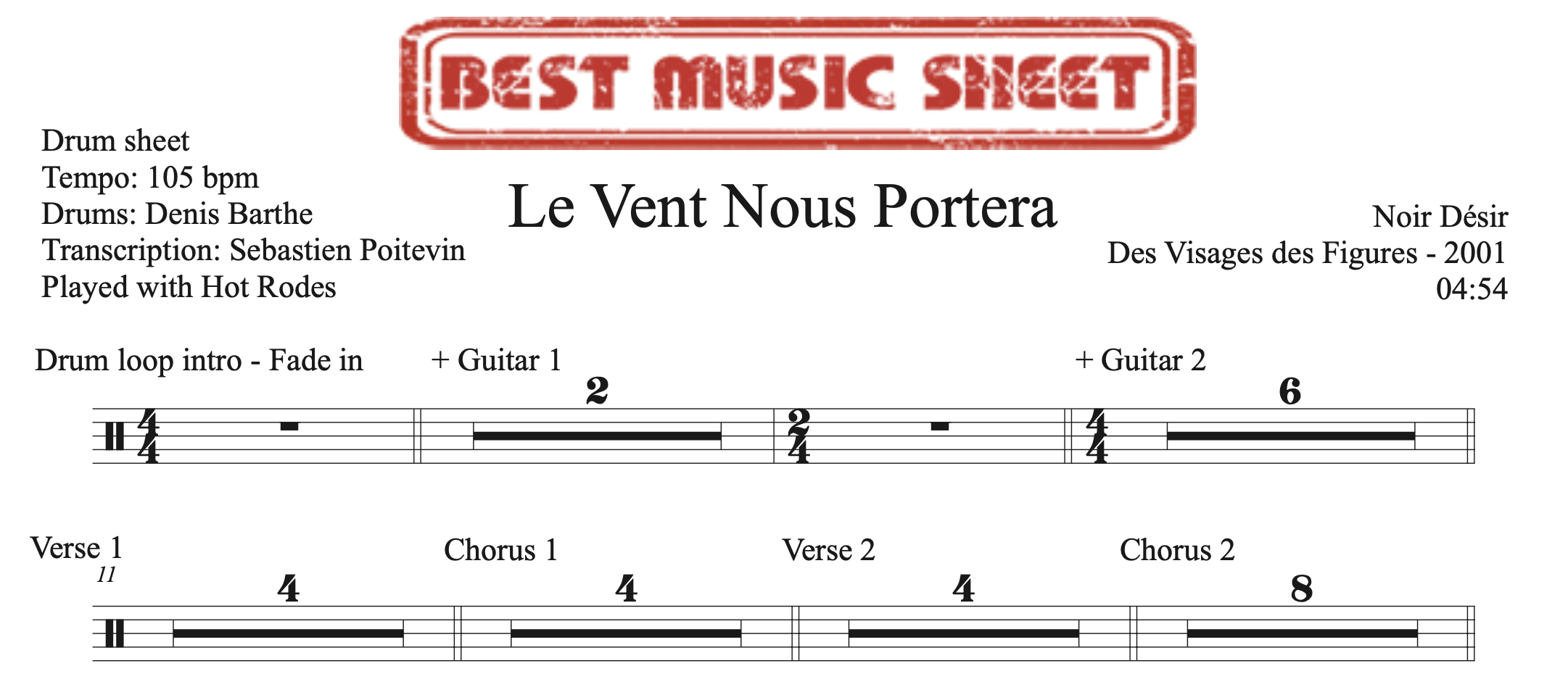 Sample drum sheet of Le Vent Nous Portera by Noir Désir