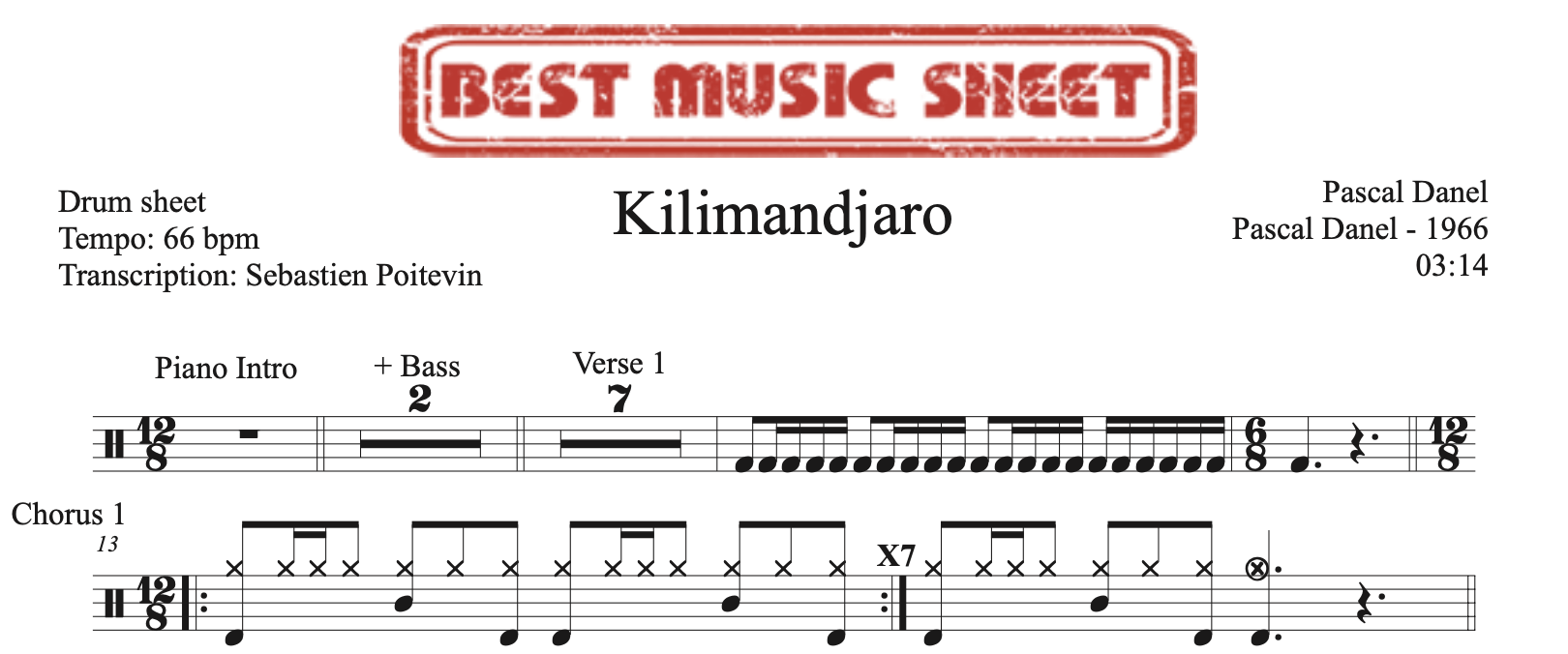 Sample drum sheet of Kilimandjaro by Pascal Danel