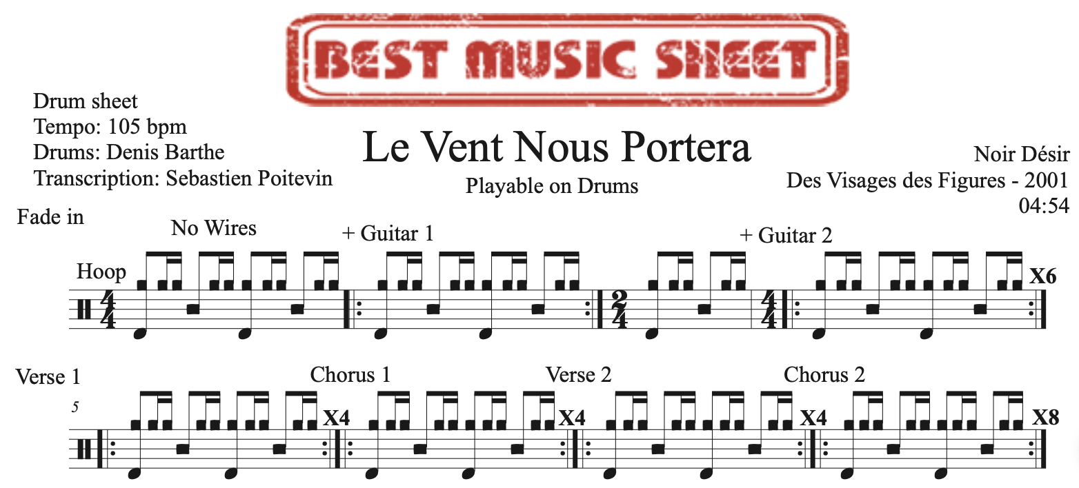 Sample drum sheet of playable on drums Le Vent Nous Portera by Noir Désir