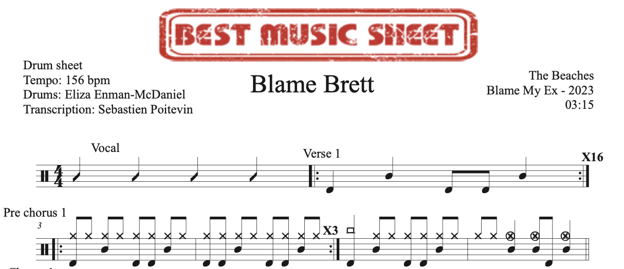 Sample drum sheet of Blame Brett by The Beaches