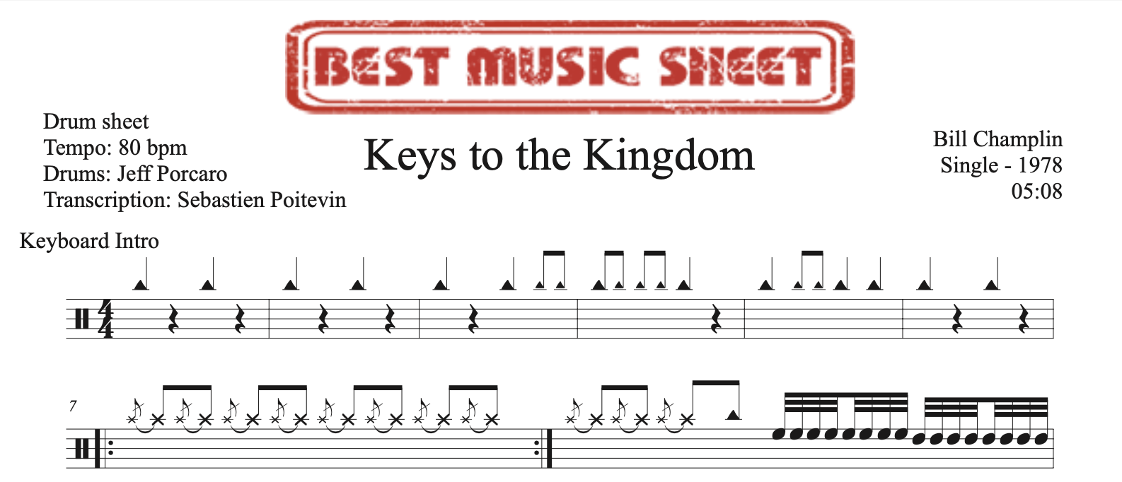 Sample drum sheet of Keys to the Kingdom by Bill Champlin