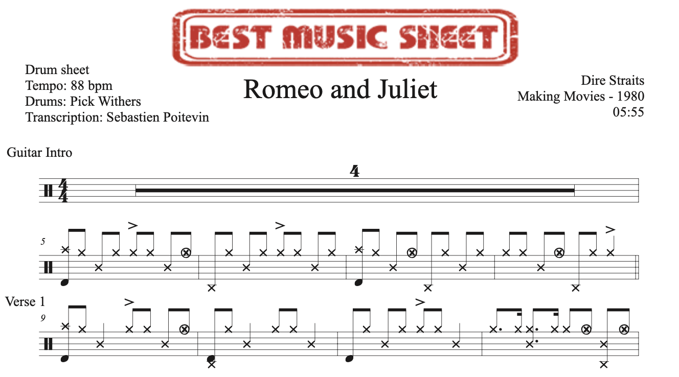 Sample drum sheet of Romeo and Juliet by Dire Straits