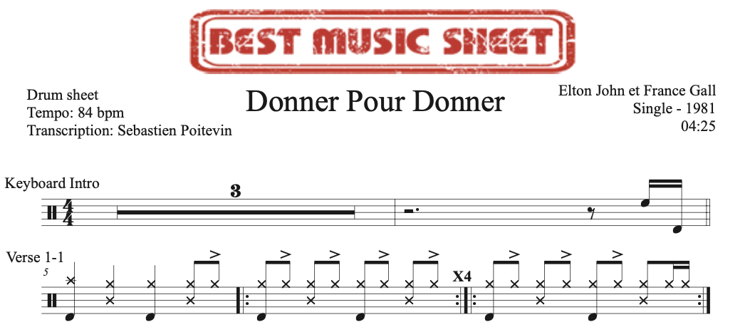 Sample drum sheet of Donner Pour Donner by Elton John and France Gall