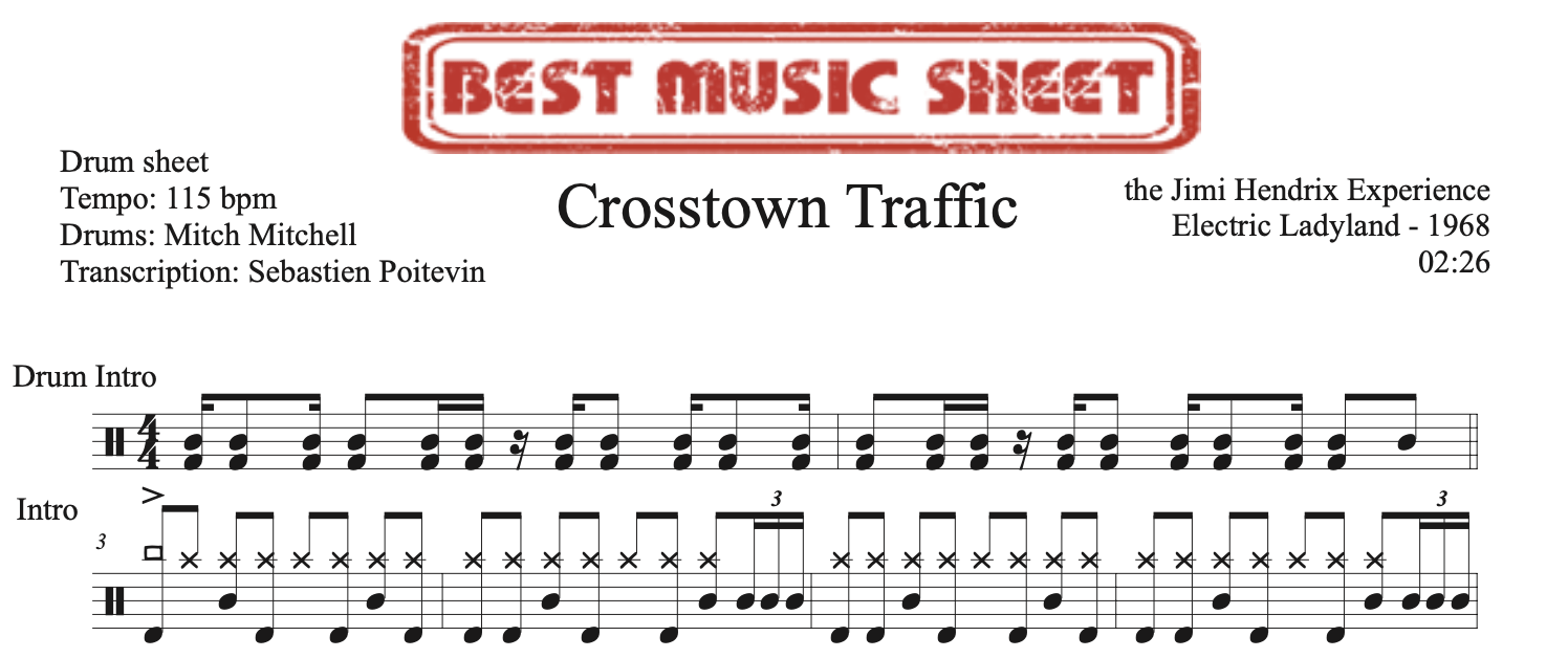 Sample drum sheet of Crosstown Traffic by the Jimi Hendrix Experience