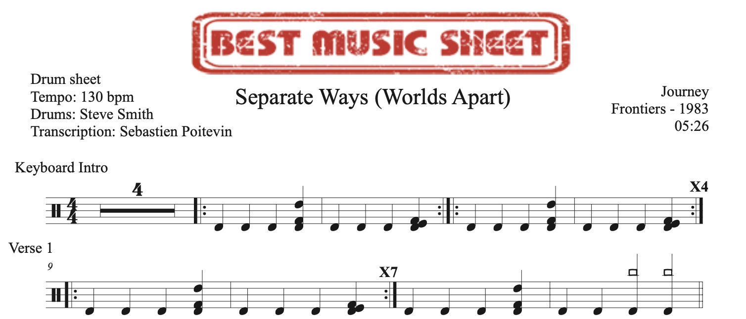 Sample drum sheet of Separate Ways Worlds Apart by Journey