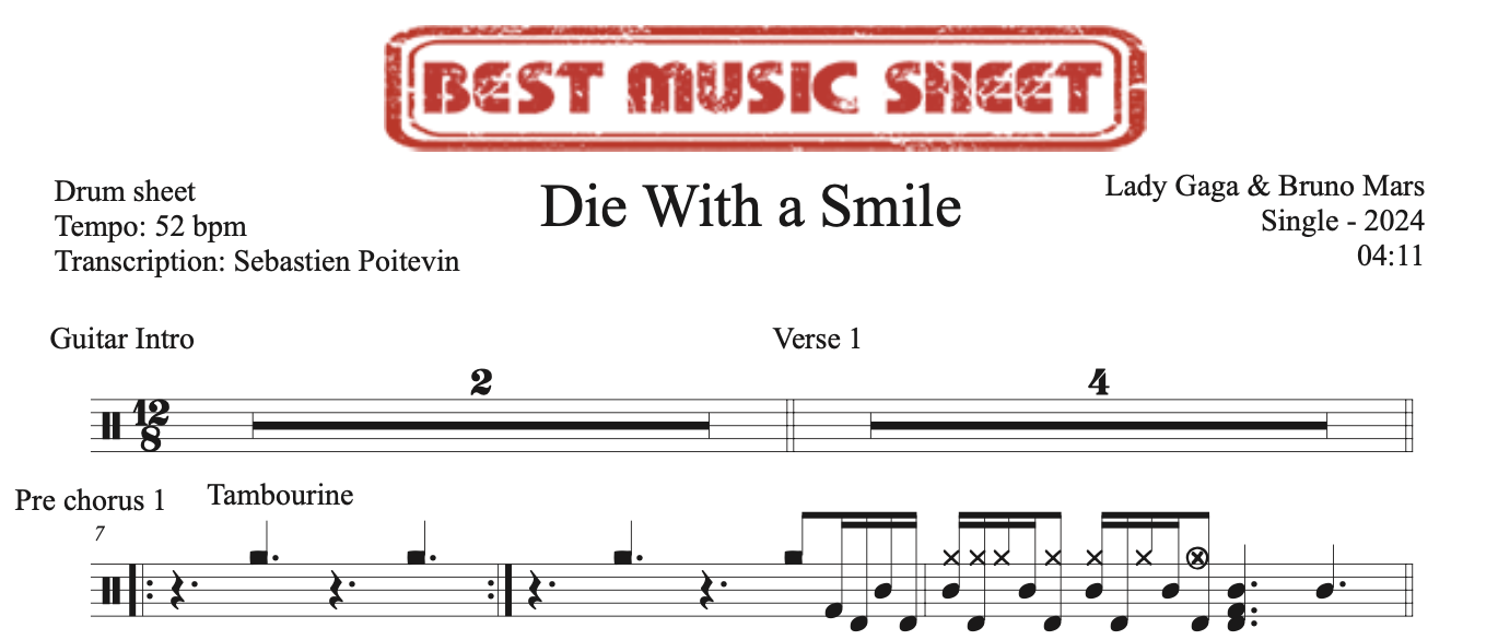 Sample drum sheet of Die With A Smile by Lady Gaga and Bruno Mars