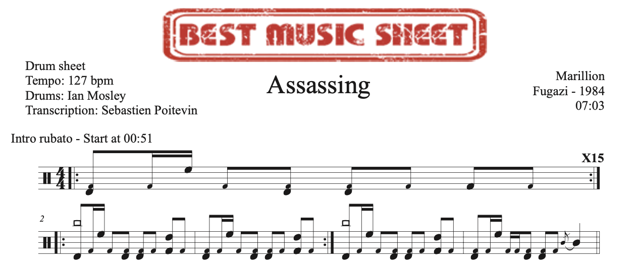 Sample drum sheet of Assassing by Marillion