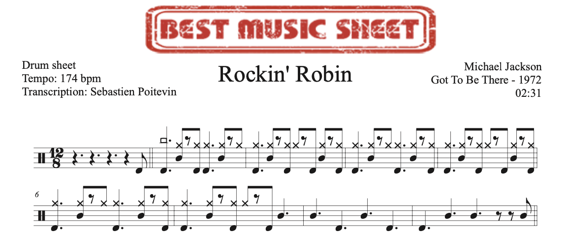 Sample drum sheet of Rockin' Robin by Michael Jackson