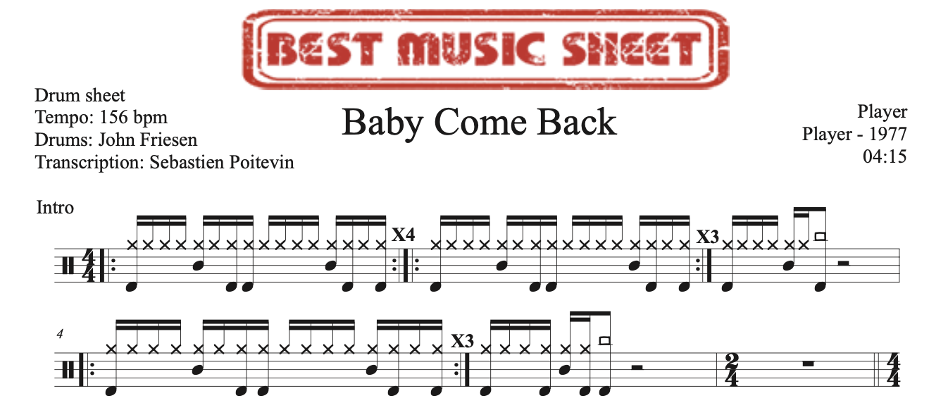 Sample drum sheet of Baby Come Back by Player