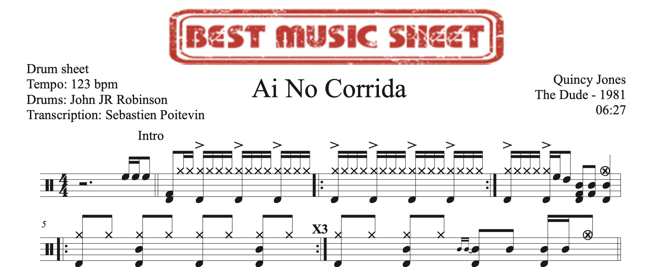 Sample drum sheet of Ai No Corrida by Quincy Jones