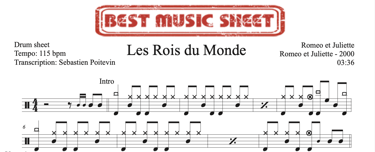 Sample drum sheet of Les Rois du Monde by Romeo et Juliette