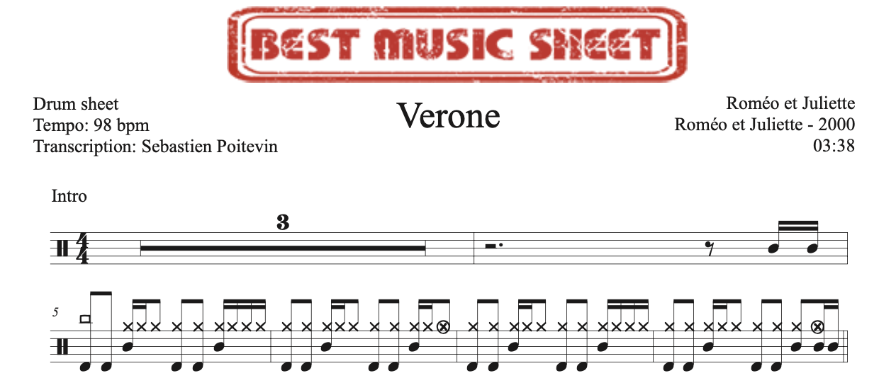 Sample drum sheet of Verone by Romeo et Juliette