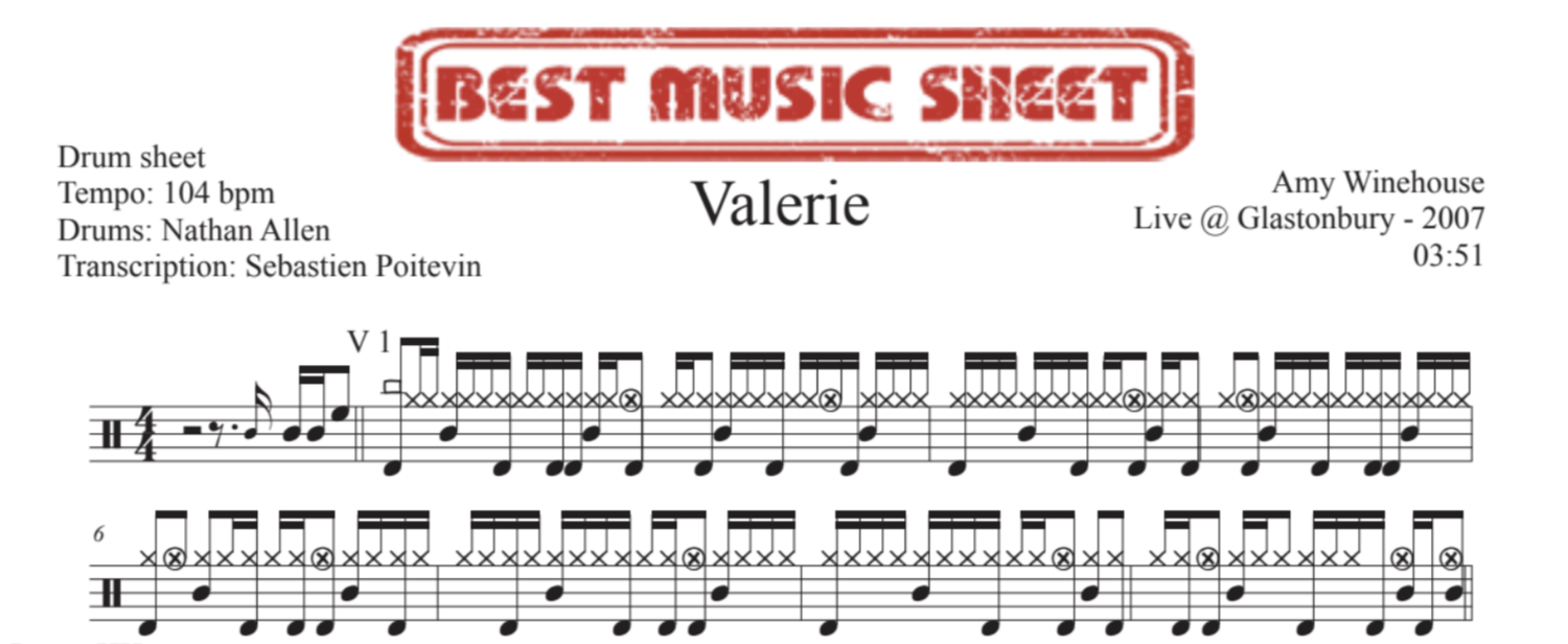 Sample drum sheet of Valerie by Amy Winehouse