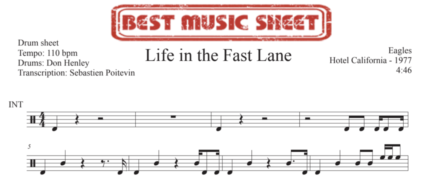 Sample drum sheet of Life in the Fast Lane by Eagles