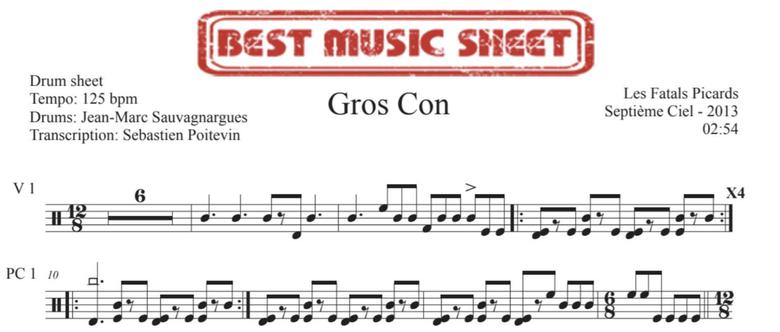 Sample drum sheet of Gros Con by Les Fatals Picards