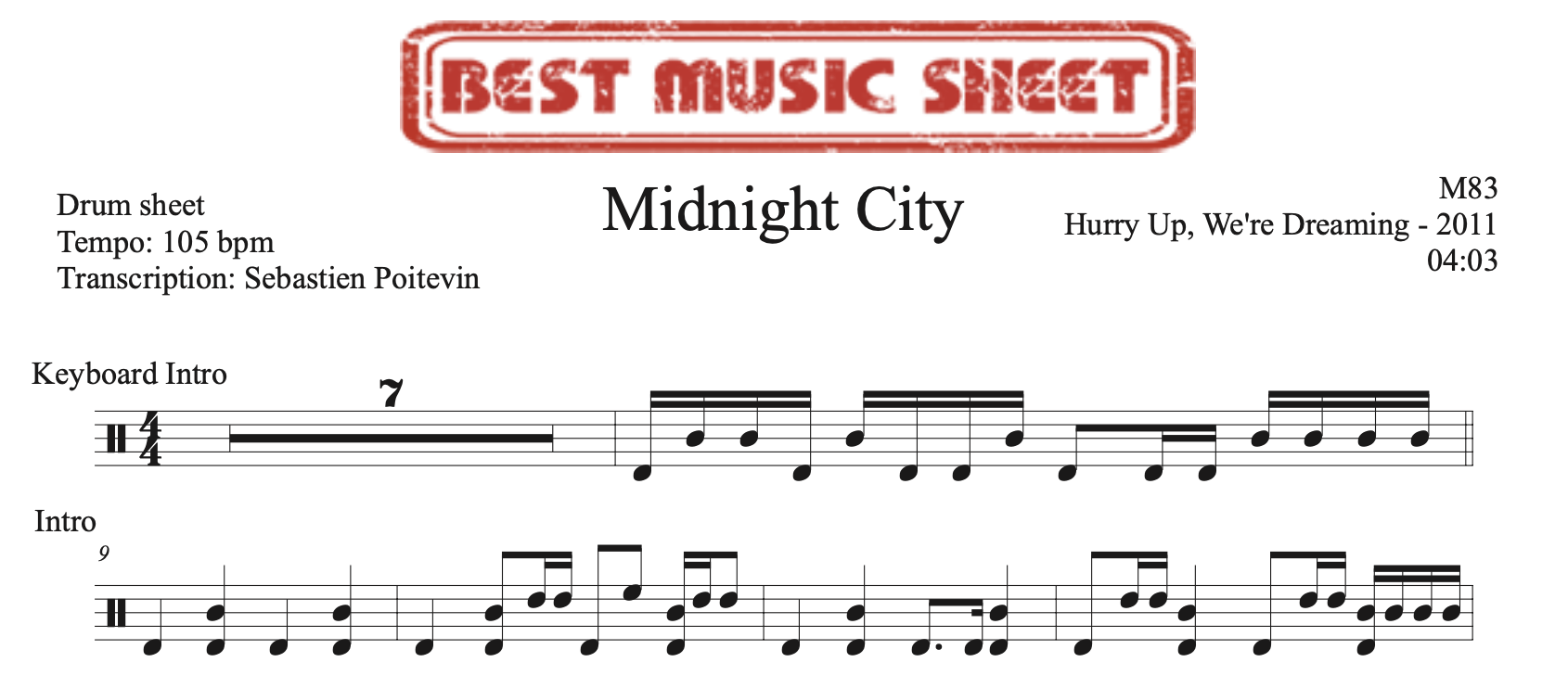 Sample drum sheet of Midnight City by M83