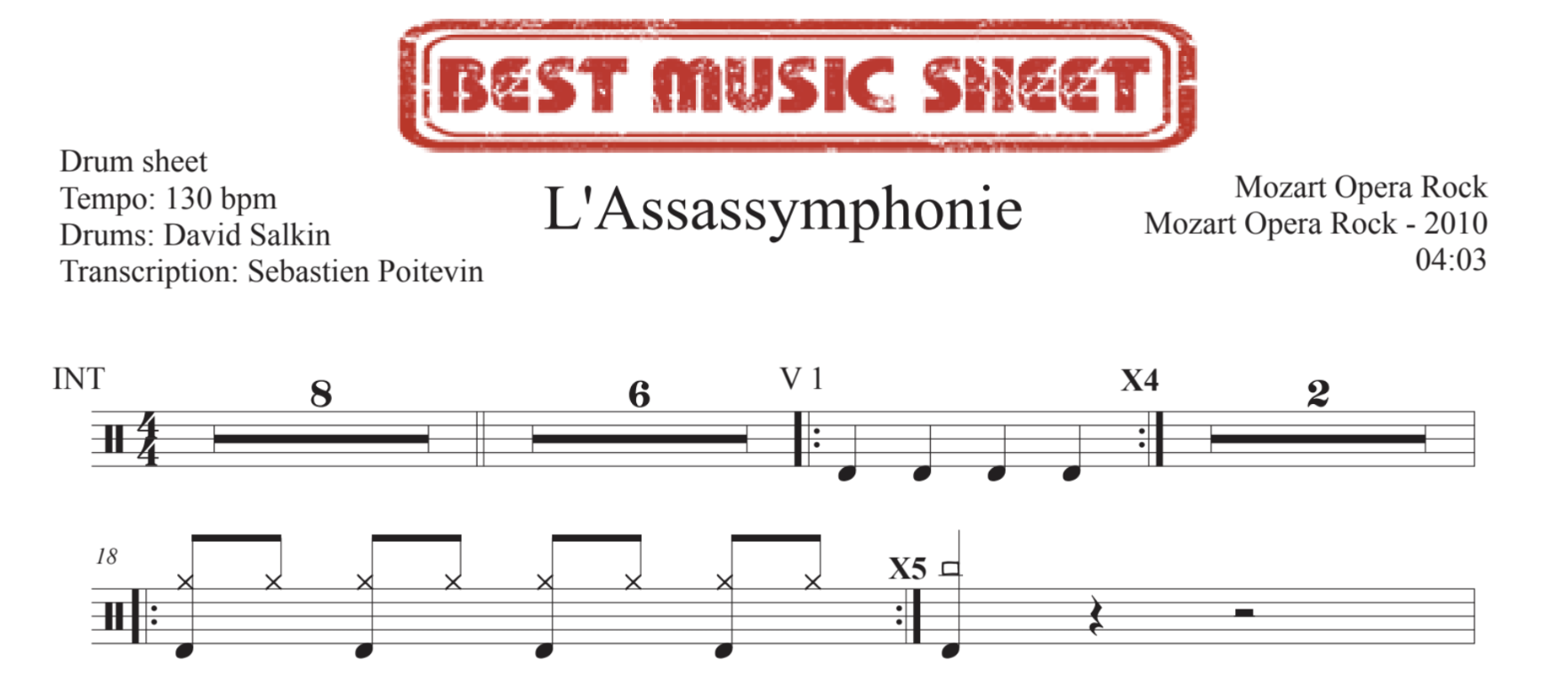 Sample drum sheet of L'Assasymphonie by Mozart Opera Rock 