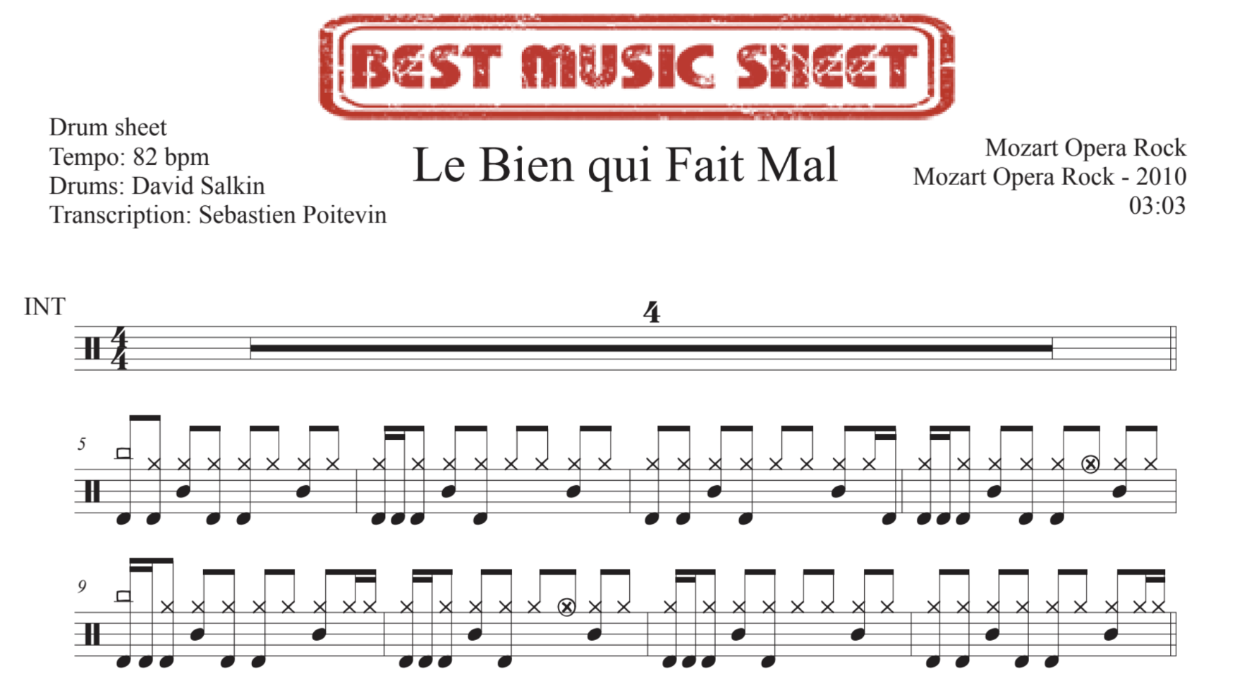 Sample drum sheet of Le Bien qui Fait Mal by Mozart Opera Rock