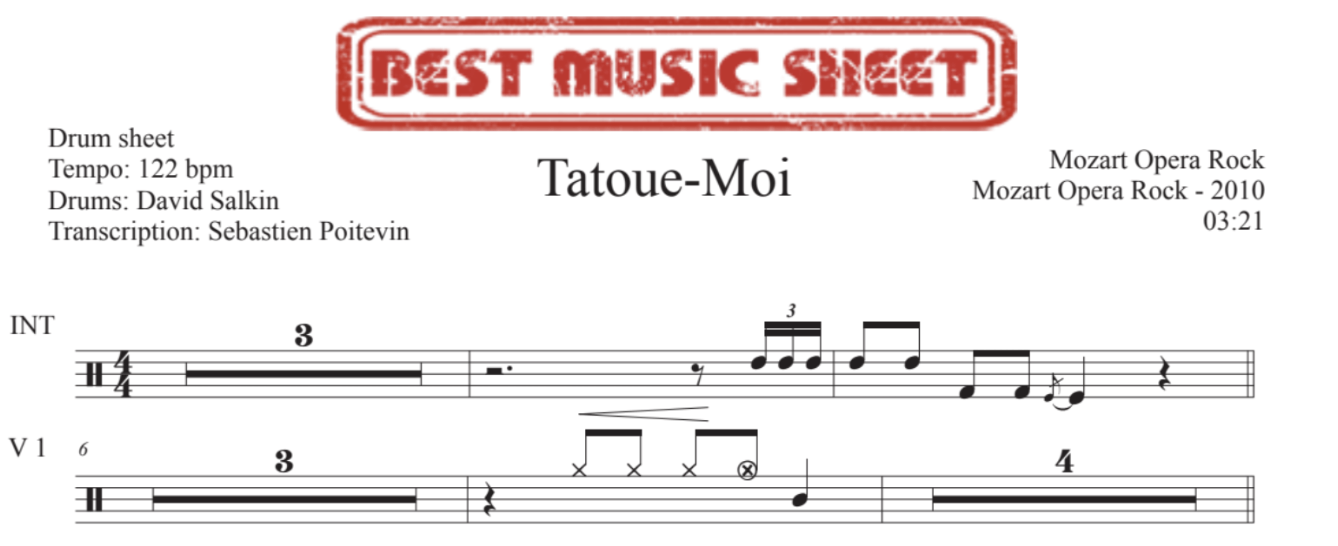 Sample drum sheet of Tatoue-Moi by Mozart Opera Rock